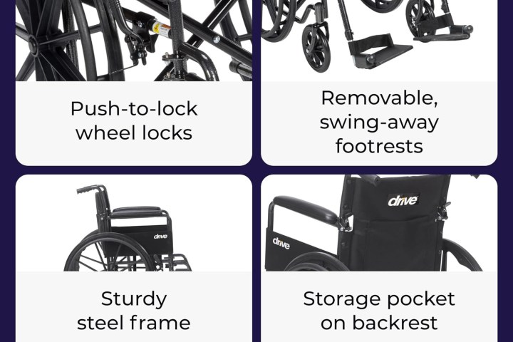 Four features of a wheelchair: wheel locks, swing-away footrests, steel frame, backrest pocket.