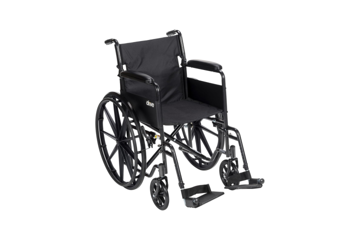 Black manual wheelchair with footrests on a white background.