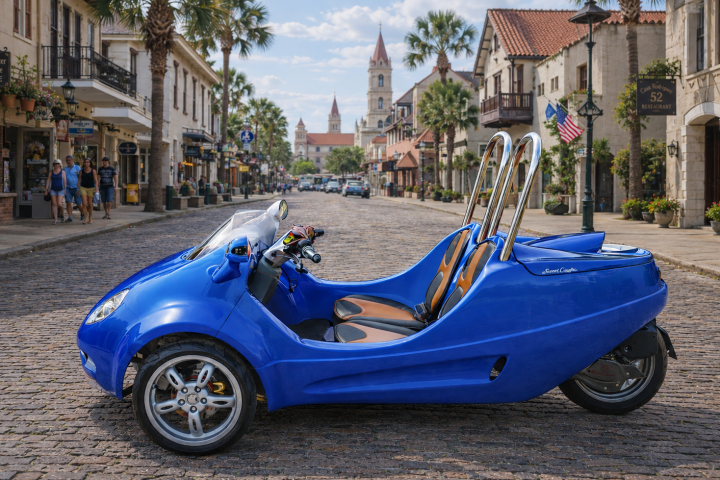 Blue three-wheeled vehicle parked on cobblestone street in a historic town.