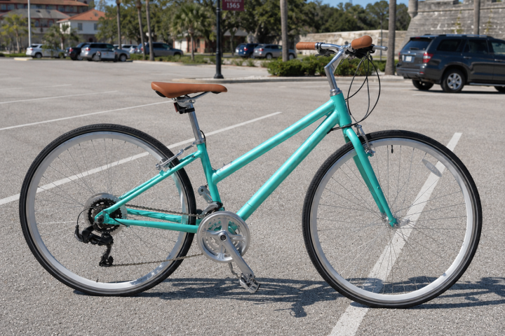 A teal bicycle in an empty parking lot with palm trees and buildings in the background.