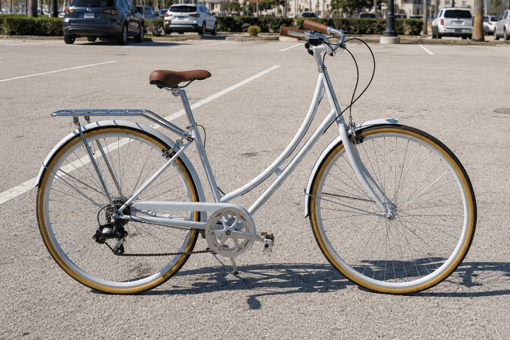 White bicycle in parking lot with palm trees and historic buildings in background.