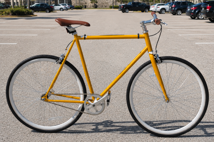 Yellow bicycle in a parking lot with palm trees and distant building.