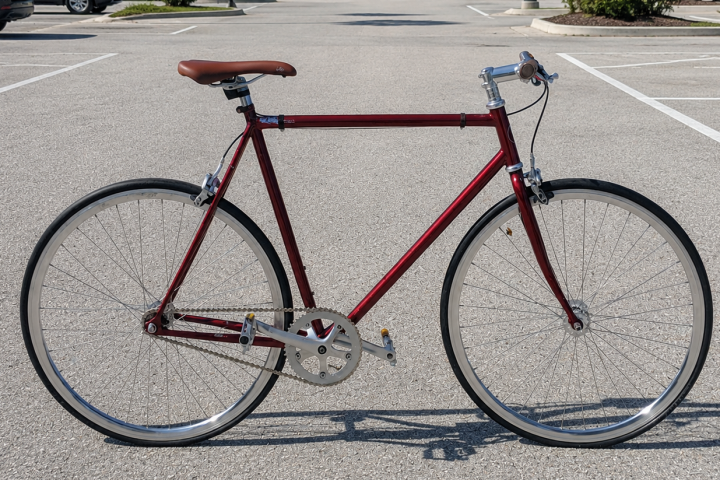 Red bicycle in empty parking lot with palm trees and blue sky.