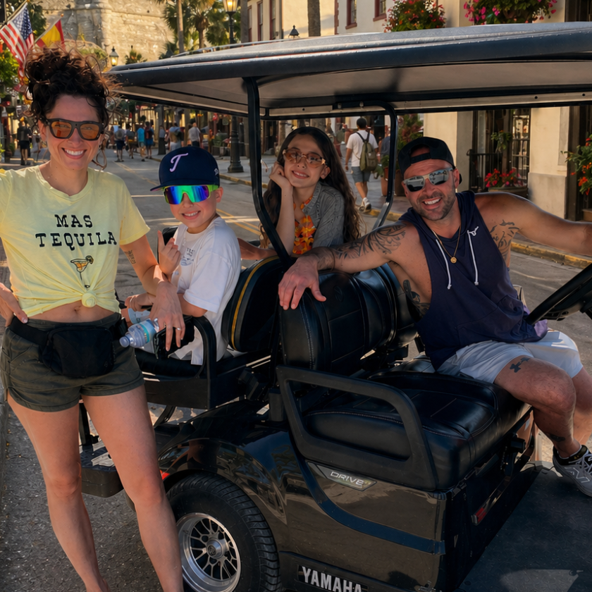 Group posing with a golf cart in a sunny outdoor setting.