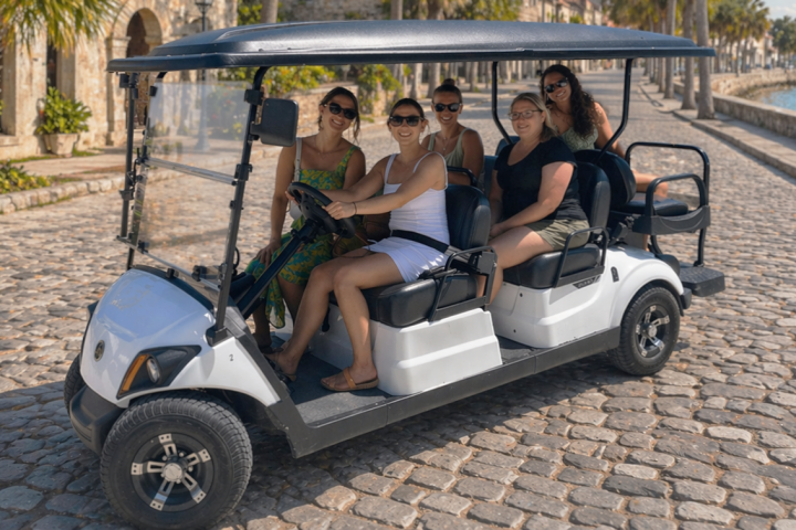 Five people sitting on a golf cart parked on a cobblestone street by the water.