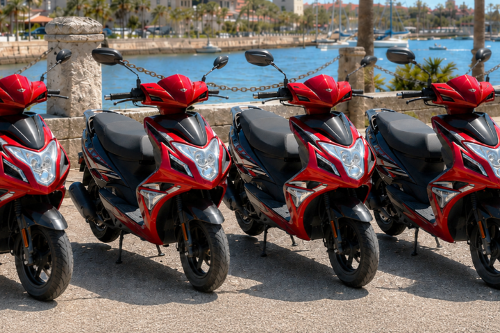 Four red scooters parked by a waterfront on a sunny day.