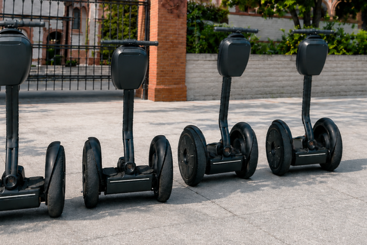 Four black segways in a row on a paved area.