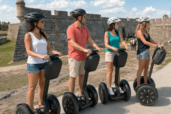 Four people on Segways wearing helmets near a historic stone fort.