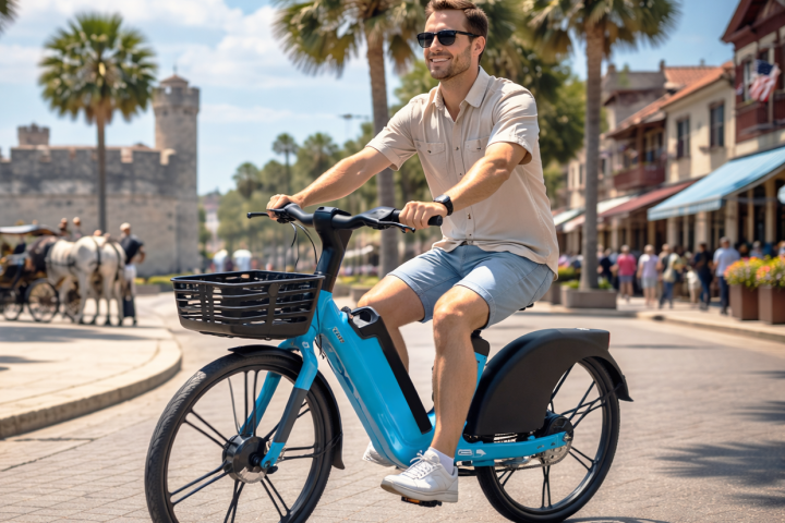 Man in sunglasses rides blue e-bike on sunny street with palm trees.