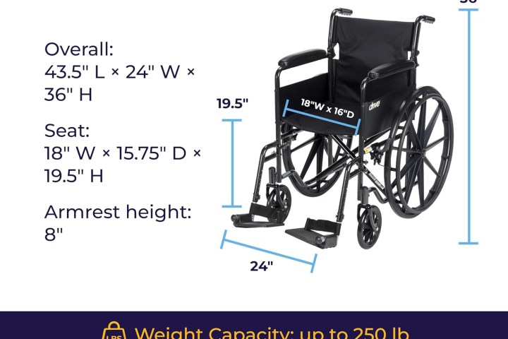 Diagram of a wheelchair with dimensions and 250 lb weight capacity.