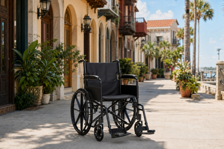 Empty wheelchair on a sunny sidewalk with palm trees and buildings.