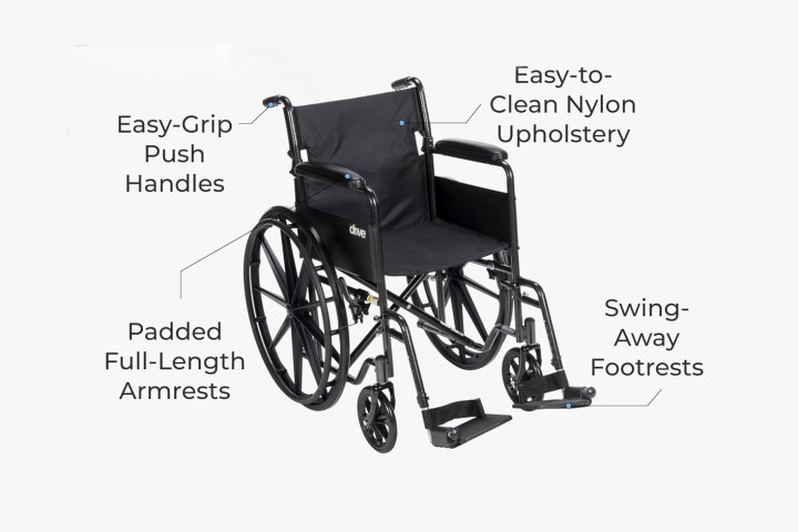 Wheelchair with labels indicating features like push handles, nylon upholstery, armrests, and footrests.