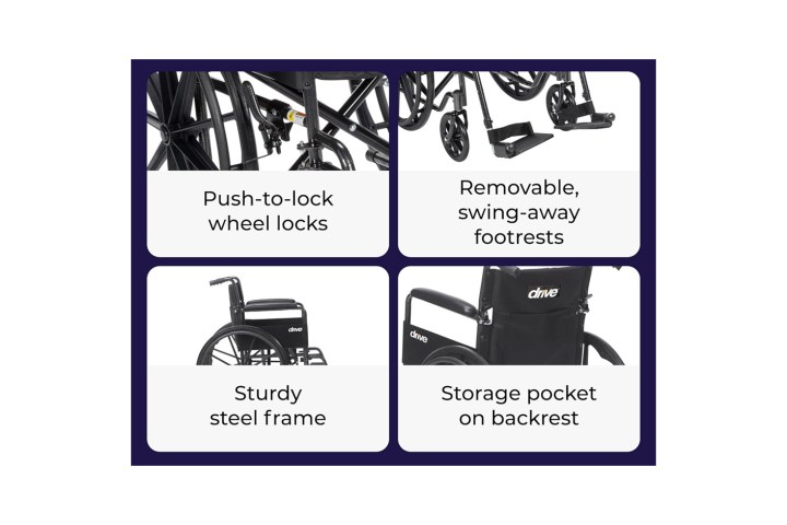 Four images of a wheelchair: wheel locks, swing-away footrests, steel frame, backrest pocket.