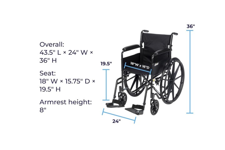 Wheelchair dimensions: Overall 43.5x24x36 inches; Seat 18x15.75x19.5 inches; Armrest height 8 inches.
