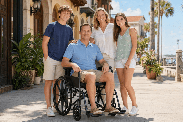 Family of four smiling outside; man in wheelchair, with teen boy, woman, and girl standing.