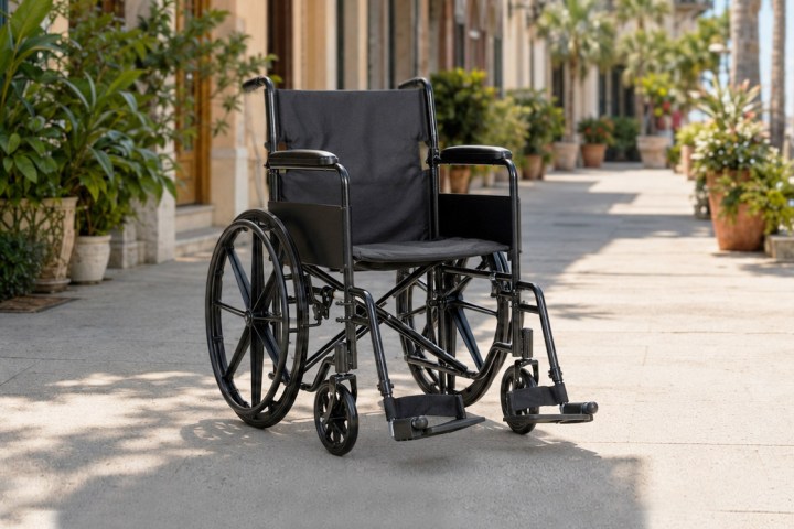 Empty black wheelchair on a sunny sidewalk near potted plants.
