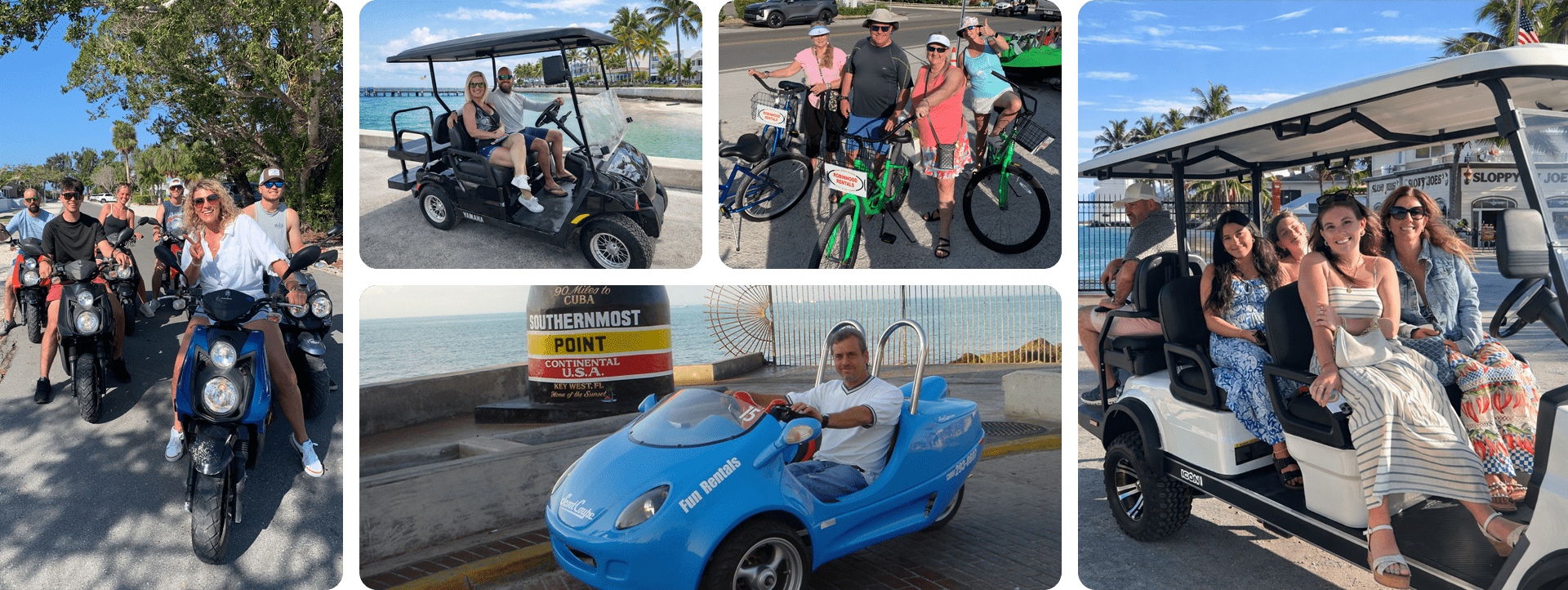 People on scooters, golf carts, and a small car near a beach.