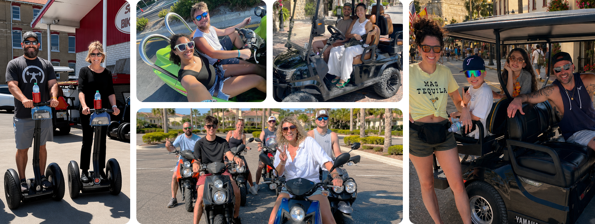 Collage of people enjoying Segways, scooters, and golf carts in a sunny setting.