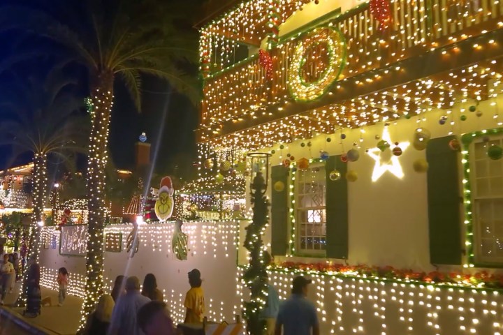 Buildings and palm trees adorned with Christmas lights at night.